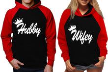 Load image into Gallery viewer, Hubby and Wifey raglan hoodies, Matching couple hoodies, Red Black King Queen design on man and woman hoodies