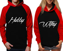 Load image into Gallery viewer, Hubby and Wifey raglan hoodies, Matching couple hoodies, Red Black his and hers man and woman contrast raglan hoodies