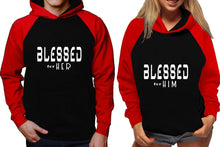 Load image into Gallery viewer, Blessed for Her and Blessed for Him raglan hoodies, Matching couple hoodies, Red Black his and hers man and woman contrast raglan hoodies