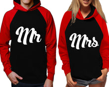 Load image into Gallery viewer, Mr and Mrs raglan hoodies, Matching couple hoodies, Red Black his and hers man and woman contrast raglan hoodies