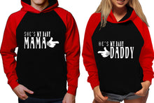 Load image into Gallery viewer, She's My Baby Mama and He's My Baby Daddy raglan hoodies, Matching couple hoodies, Red Black his and hers man and woman contrast raglan hoodies