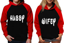 Load image into Gallery viewer, Hubby and Wifey raglan hoodies, Matching couple hoodies, Red Black King Queen design on man and woman hoodies