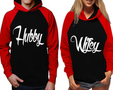 Load image into Gallery viewer, Hubby and Wifey raglan hoodies, Matching couple hoodies, Red Black his and hers man and woman contrast raglan hoodies