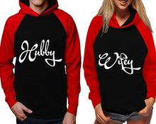 Load image into Gallery viewer, Hubby and Wifey raglan hoodies, Matching couple hoodies, Red Black his and hers man and woman contrast raglan hoodies