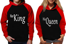 Load image into Gallery viewer, Her King and His Queen raglan hoodies, Matching couple hoodies, Red Black King Queen design on man and woman hoodies