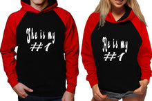 Load image into Gallery viewer, She's My Number 1 and He's My Number 1 raglan hoodies, Matching couple hoodies, Red Black his and hers man and woman contrast raglan hoodies