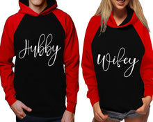 將圖片載入圖庫檢視器 Hubby and Wifey raglan hoodies, Matching couple hoodies, Red Black his and hers man and woman contrast raglan hoodies