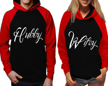 Load image into Gallery viewer, Hubby and Wifey raglan hoodies, Matching couple hoodies, Red Black his and hers man and woman contrast raglan hoodies