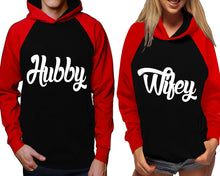 Load image into Gallery viewer, Hubby and Wifey raglan hoodies, Matching couple hoodies, Red Black his and hers man and woman contrast raglan hoodies