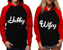 Load image into Gallery viewer, Hubby and Wifey raglan hoodies, Matching couple hoodies, Red Black his and hers man and woman contrast raglan hoodies