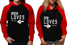 將圖片載入圖庫檢視器 She Loves Me and He Loves Me raglan hoodies, Matching couple hoodies, Red Black his and hers man and woman contrast raglan hoodies