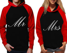 Load image into Gallery viewer, Mr and Mrs raglan hoodies, Matching couple hoodies, Red Black his and hers man and woman contrast raglan hoodies