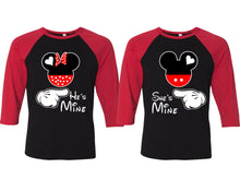 Load image into Gallery viewer, She's Mine and He's Mine matching couple baseball shirts.Couple shirts, Red Black 3/4 sleeve baseball t shirts. Couple matching shirts.