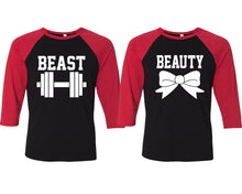 Load image into Gallery viewer, Beast and Beauty matching couple baseball shirts.Couple shirts, Red Black 3/4 sleeve baseball t shirts. Couple matching shirts.