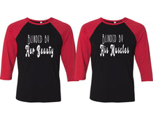 Load image into Gallery viewer, Blinded by Her Beauty and Blinded by His Muscles matching couple baseball shirts.Couple shirts, Red Black 3/4 sleeve baseball t shirts. Couple matching shirts.