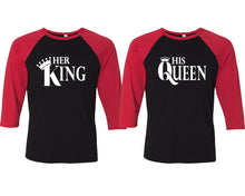 Load image into Gallery viewer, Her King and His Queen matching couple baseball shirts.Couple shirts, Red Black 3/4 sleeve baseball t shirts. Couple matching shirts.