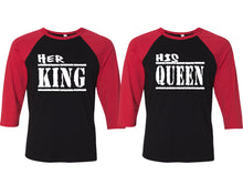Load image into Gallery viewer, Her King and His Queen matching couple baseball shirts.Couple shirts, Red Black 3/4 sleeve baseball t shirts. Couple matching shirts.