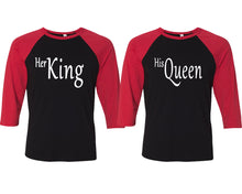 Load image into Gallery viewer, Her King and His Queen matching couple baseball shirts.Couple shirts, Red Black 3/4 sleeve baseball t shirts. Couple matching shirts.