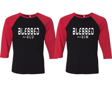 Load image into Gallery viewer, Blessed for Her and Blessed for Him matching couple baseball shirts.Couple shirts, Red Black 3/4 sleeve baseball t shirts. Couple matching shirts.