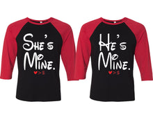 Load image into Gallery viewer, She's Mine and He's Mine matching couple baseball shirts.Couple shirts, Red Black 3/4 sleeve baseball t shirts. Couple matching shirts.