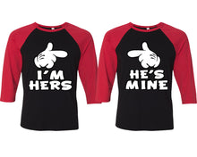 Load image into Gallery viewer, I'm Hers and He's Mine matching couple baseball shirts.Couple shirts, Red Black 3/4 sleeve baseball t shirts. Couple matching shirts.