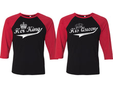 Load image into Gallery viewer, Her King and His Queen matching couple baseball shirts.Couple shirts, Red Black 3/4 sleeve baseball t shirts. Couple matching shirts.