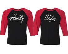 將圖片載入圖庫檢視器 Hubby and Wifey matching couple baseball shirts.Couple shirts, Red Black 3/4 sleeve baseball t shirts. Couple matching shirts.