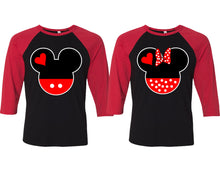 Load image into Gallery viewer, Mickey and Minnie matching couple baseball shirts.Couple shirts, Red Black 3/4 sleeve baseball t shirts. Couple matching shirts.