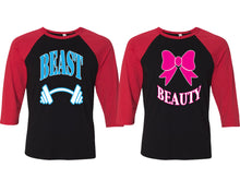 Load image into Gallery viewer, Beast and Beauty matching couple baseball shirts.Couple shirts, Red Black 3/4 sleeve baseball t shirts. Couple matching shirts.
