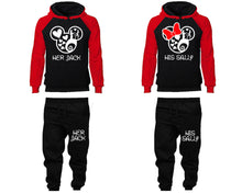 Load image into Gallery viewer, Her Jack and His Sally matching top and bottom set, Red Black raglan hoodie and sweatpants sets for mens, raglan hoodie and jogger set womens. Matching couple joggers.