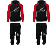 Load image into Gallery viewer, Mr and Mrs matching top and bottom set, Red Black raglan hoodie and sweatpants sets for mens, raglan hoodie and jogger set womens. Matching couple joggers.