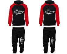Load image into Gallery viewer, Her King His Queen matching top and bottom set, Red Black raglan hoodie and sweatpants sets for mens, raglan hoodie and jogger set womens. Matching couple joggers.
