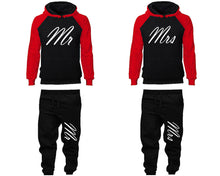 Load image into Gallery viewer, Mr and Mrs matching top and bottom set, Red Black raglan hoodie and sweatpants sets for mens, raglan hoodie and jogger set womens. Matching couple joggers.
