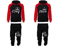 Load image into Gallery viewer, King and Queen matching top and bottom set, Red Black raglan hoodie and sweatpants sets for mens, raglan hoodie and jogger set womens. Matching couple joggers.