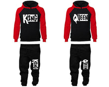 Load image into Gallery viewer, King and Queen matching top and bottom set, Red Black raglan hoodie and sweatpants sets for mens, raglan hoodie and jogger set womens. Matching couple joggers.