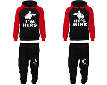Load image into Gallery viewer, I'm Hers He's Mine matching top and bottom set, Red Black raglan hoodie and sweatpants sets for mens, raglan hoodie and jogger set womens. Matching couple joggers.