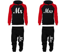 Load image into Gallery viewer, Mr and Mrs matching top and bottom set, Red Black raglan hoodie and sweatpants sets for mens, raglan hoodie and jogger set womens. Matching couple joggers.