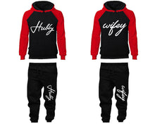 Load image into Gallery viewer, Hubby Wifey matching top and bottom set, Red Black raglan hoodie and sweatpants sets for mens, raglan hoodie and jogger set womens. Matching couple joggers.