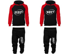 Load image into Gallery viewer, Hubby and Wifey matching top and bottom set, Red Black raglan hoodie and sweatpants sets for mens, raglan hoodie and jogger set womens. Matching couple joggers.