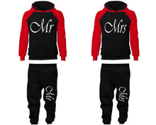 Load image into Gallery viewer, Mr and Mrs matching top and bottom set, Red Black raglan hoodie and sweatpants sets for mens, raglan hoodie and jogger set womens. Matching couple joggers.