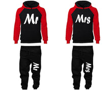 Load image into Gallery viewer, Mr and Mrs matching top and bottom set, Red Black raglan hoodie and sweatpants sets for mens, raglan hoodie and jogger set womens. Matching couple joggers.