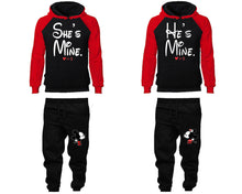 Load image into Gallery viewer, She's Mine He's Mine matching top and bottom set, Red Black raglan hoodie and sweatpants sets for mens, raglan hoodie and jogger set womens. Matching couple joggers.