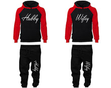 Load image into Gallery viewer, Hubby and Wifey matching top and bottom set, Red Black raglan hoodie and sweatpants sets for mens, raglan hoodie and jogger set womens. Matching couple joggers.