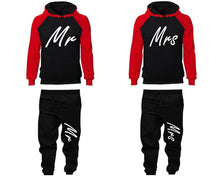 Load image into Gallery viewer, Mr and Mrs matching top and bottom set, Red Black raglan hoodie and sweatpants sets for mens, raglan hoodie and jogger set womens. Matching couple joggers.