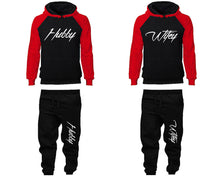 Load image into Gallery viewer, Hubby and Wifey matching top and bottom set, Red Black raglan hoodie and sweatpants sets for mens, raglan hoodie and jogger set womens. Matching couple joggers.