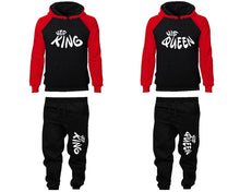 Load image into Gallery viewer, Her King and His Queen matching top and bottom set, Red Black raglan hoodie and sweatpants sets for mens, raglan hoodie and jogger set womens. Matching couple joggers.