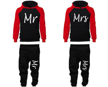Load image into Gallery viewer, Mr and Mrs matching top and bottom set, Red Black raglan hoodie and sweatpants sets for mens, raglan hoodie and jogger set womens. Matching couple joggers.