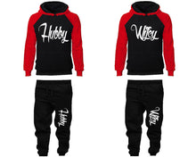 Load image into Gallery viewer, Hubby and Wifey matching top and bottom set, Red Black raglan hoodie and sweatpants sets for mens, raglan hoodie and jogger set womens. Matching couple joggers.