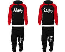 Load image into Gallery viewer, Hubby and Wifey matching top and bottom set, Red Black raglan hoodie and sweatpants sets for mens, raglan hoodie and jogger set womens. Matching couple joggers.
