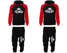 Load image into Gallery viewer, King and Queen matching top and bottom set, Red Black raglan hoodie and sweatpants sets for mens, raglan hoodie and jogger set womens. Matching couple joggers.
